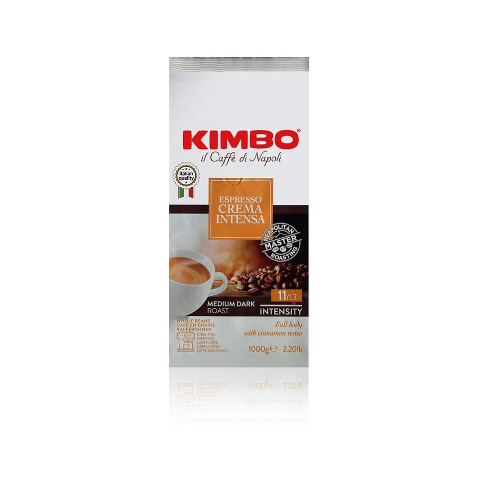 Kimbo Crema Intensa whole beans close-up, showcasing rich aroma ideal for home espresso.