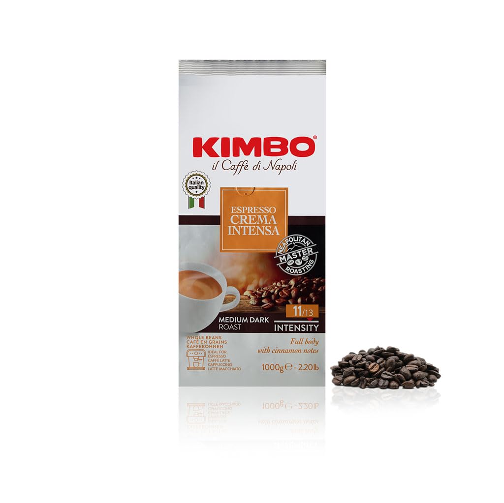 Kimbo Crema Intensa espresso crema pour, highlighting thick crema and full-bodied taste.