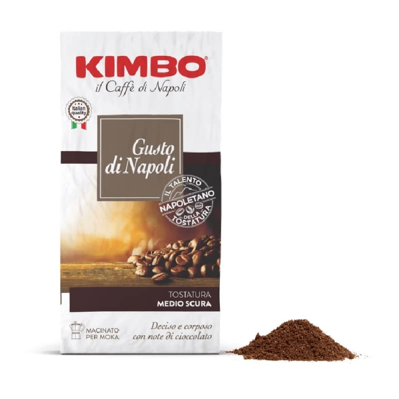 KIMBO ground coffee cup setup for home espresso with rich crema.