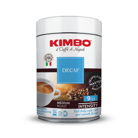 Kimbo Decaf 100% Arabica ground coffee tin, front view, rich aroma for evenings.