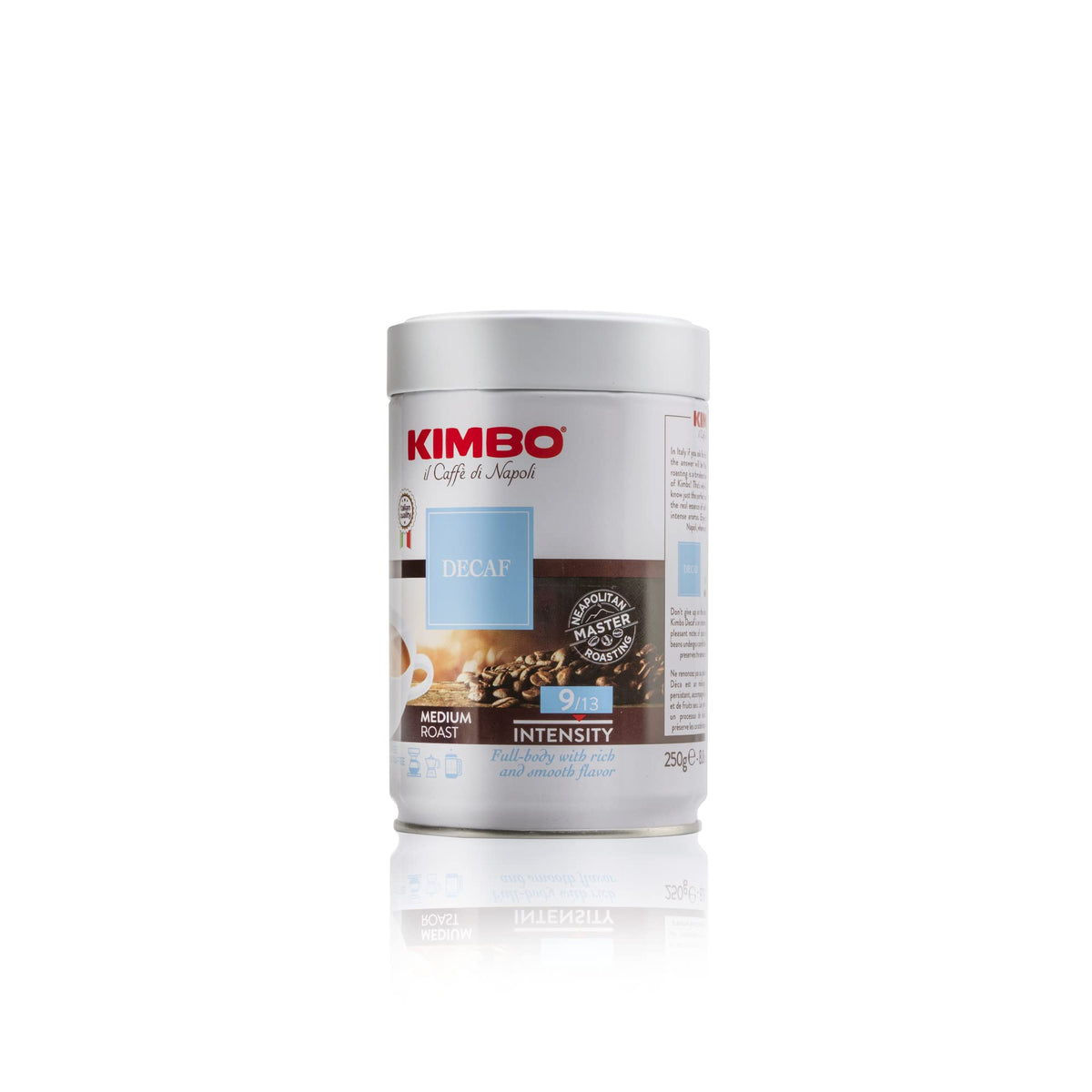 Kimbo decaf tin side view showcases packaging and consistent flavor profile.