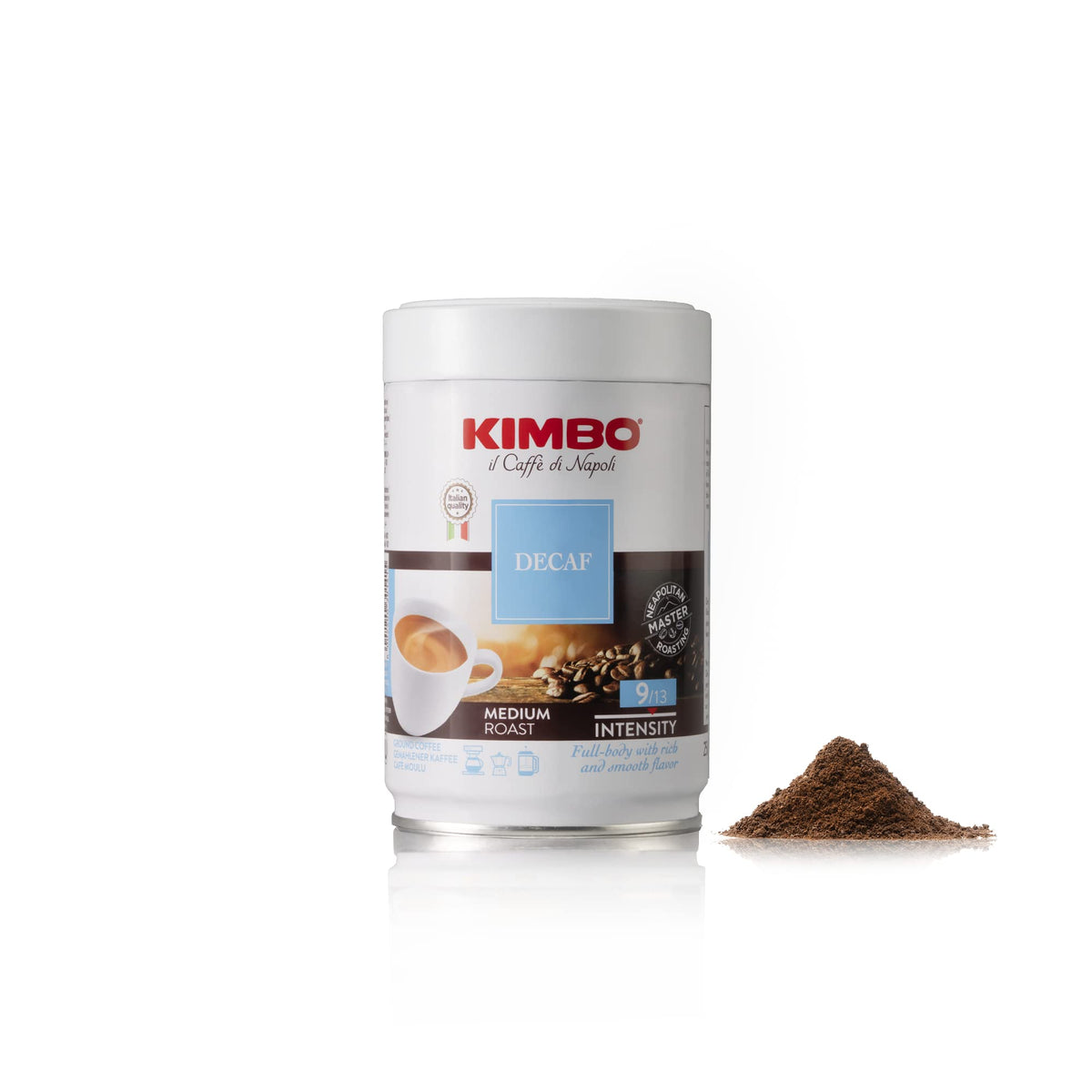 Kimbo decaf espresso close-up demonstrates Italian roasting heritage.