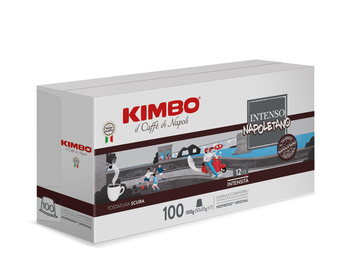 Kimbo espresso capsules box front view for premium packaging and branding.