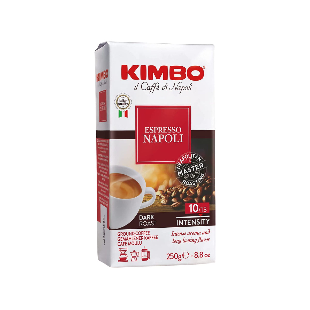 Kimbo Espresso Napoli ground coffee brew releasing bold flavor in your cup