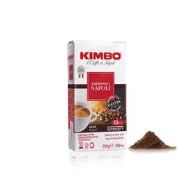 Kimbo Espresso Napoli ground coffee pack showing authentic Neapolitan blend and rich aroma for home espresso