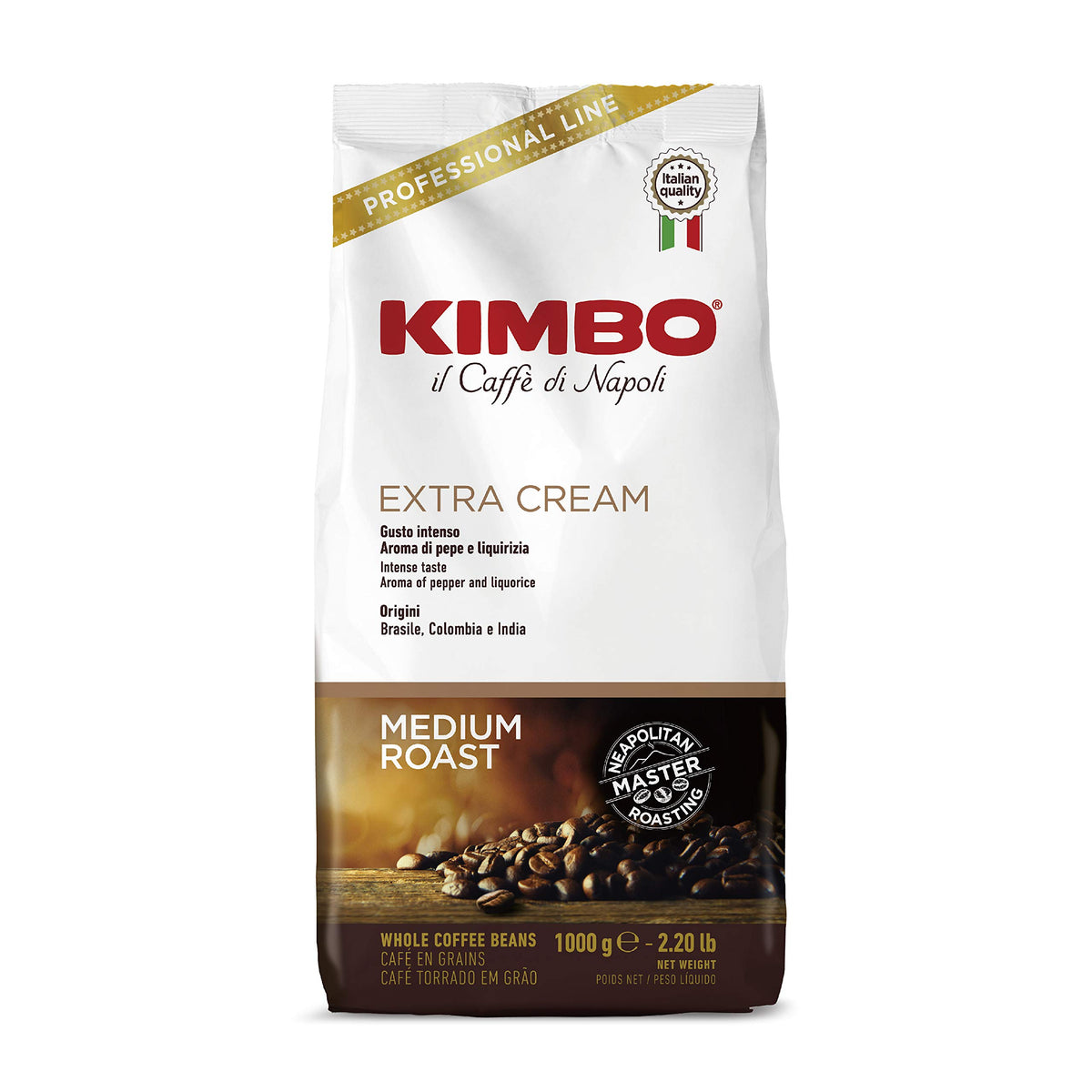Kimbo Extra Cream espresso beans in 1000g bag, premium roast aroma for home enjoyment