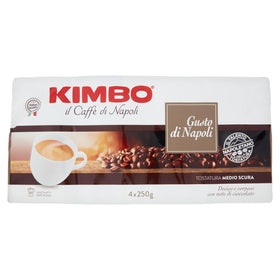 KIMBO Gusto di Napoli ground coffee 4x250g pack, ideal for daily brewing.