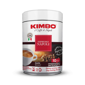 Kimbo Napoletano Dark Roast tin label closeup highlighting Italian roast craft