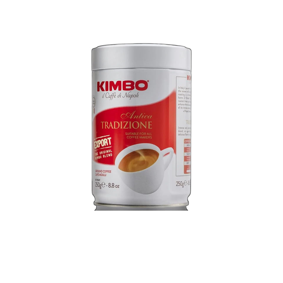Kimbo Tradizione ground coffee tin front for authentic Neapolitan roast.