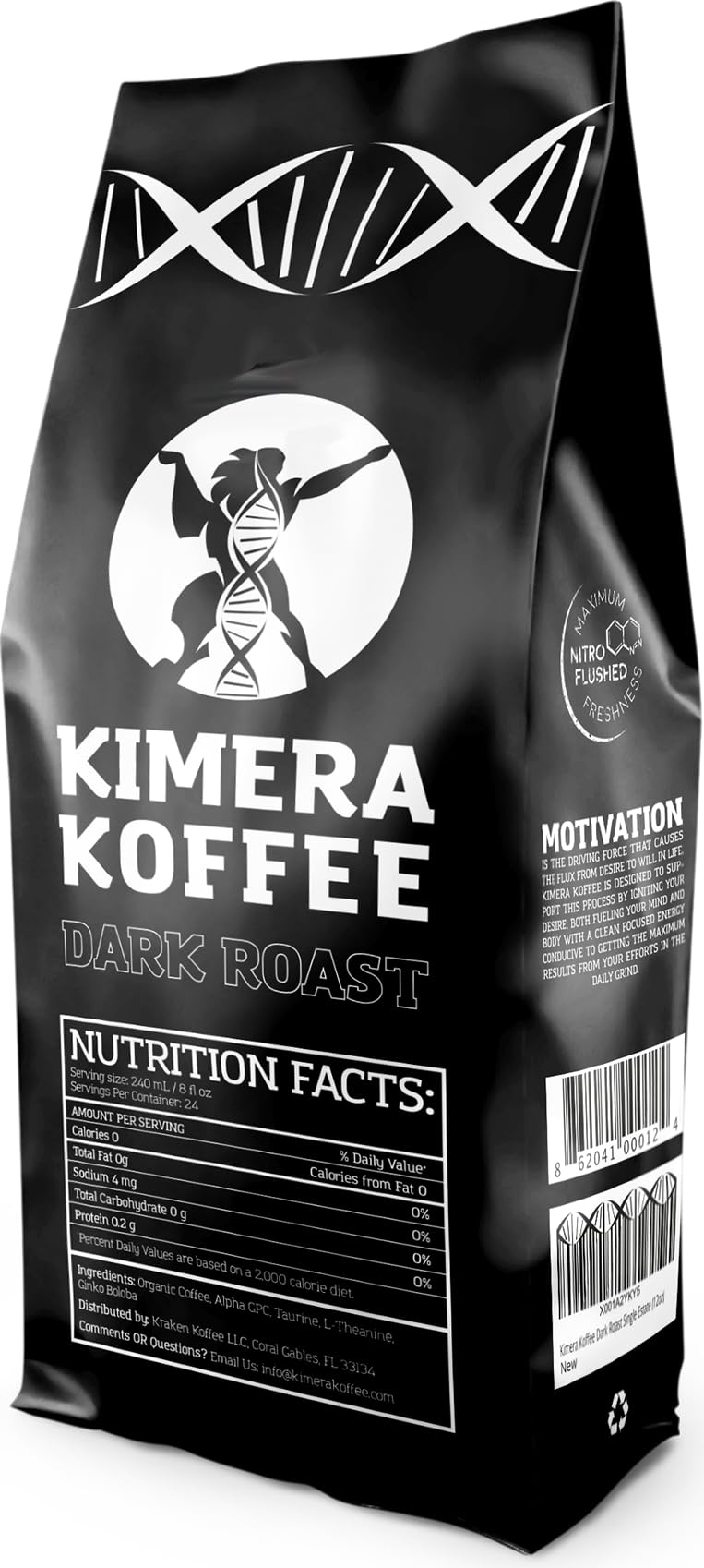 Kimera Koffee Dark Roast bag back detailing origin notes and freshness.