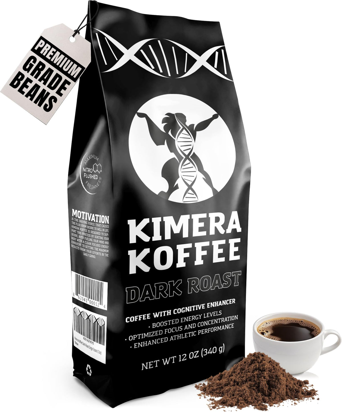 Kimera Koffee Dark Roast bag front with organic seal and bold flavor.