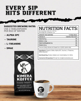 Kimera Koffee Dark Roast ground coffee ready to brew.