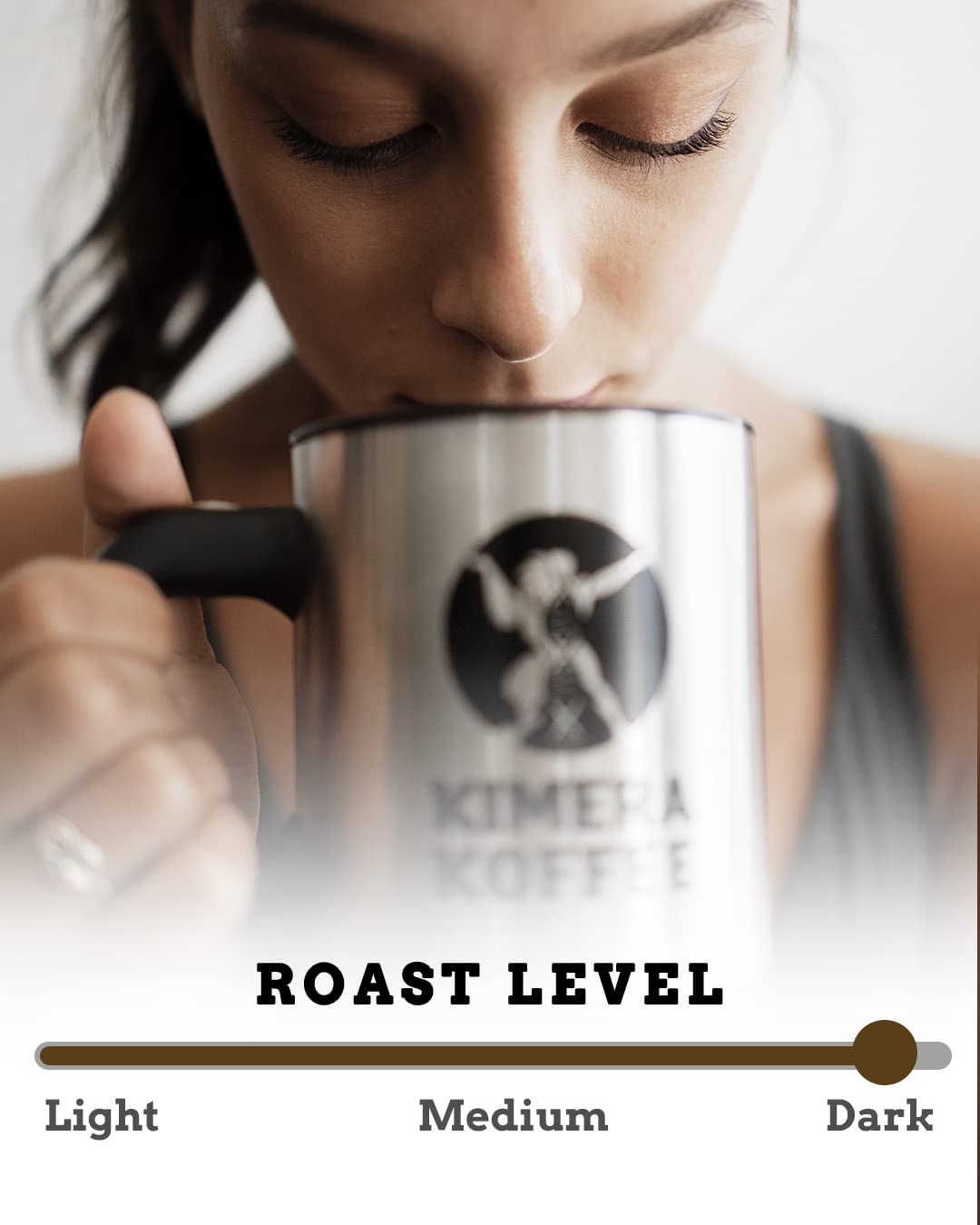 Kimera Koffee Dark Roast small-batch roast badge indicating freshness.