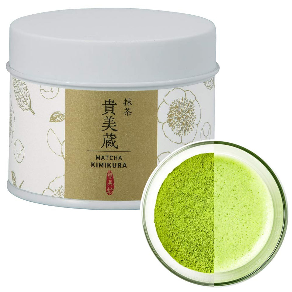 KIMIKURA ceremonial matcha powder in a tin, ready for traditional tea.