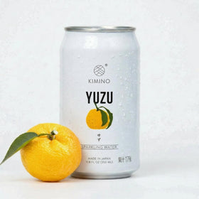 Opened Kimino Yuzu Sparkling Water can shows crisp fizz and pure yuzu aroma.