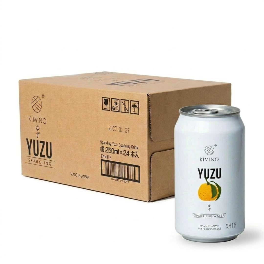 Kimino Yuzu Sparkling Water can pours into a glass with bright, refreshing fizz.
