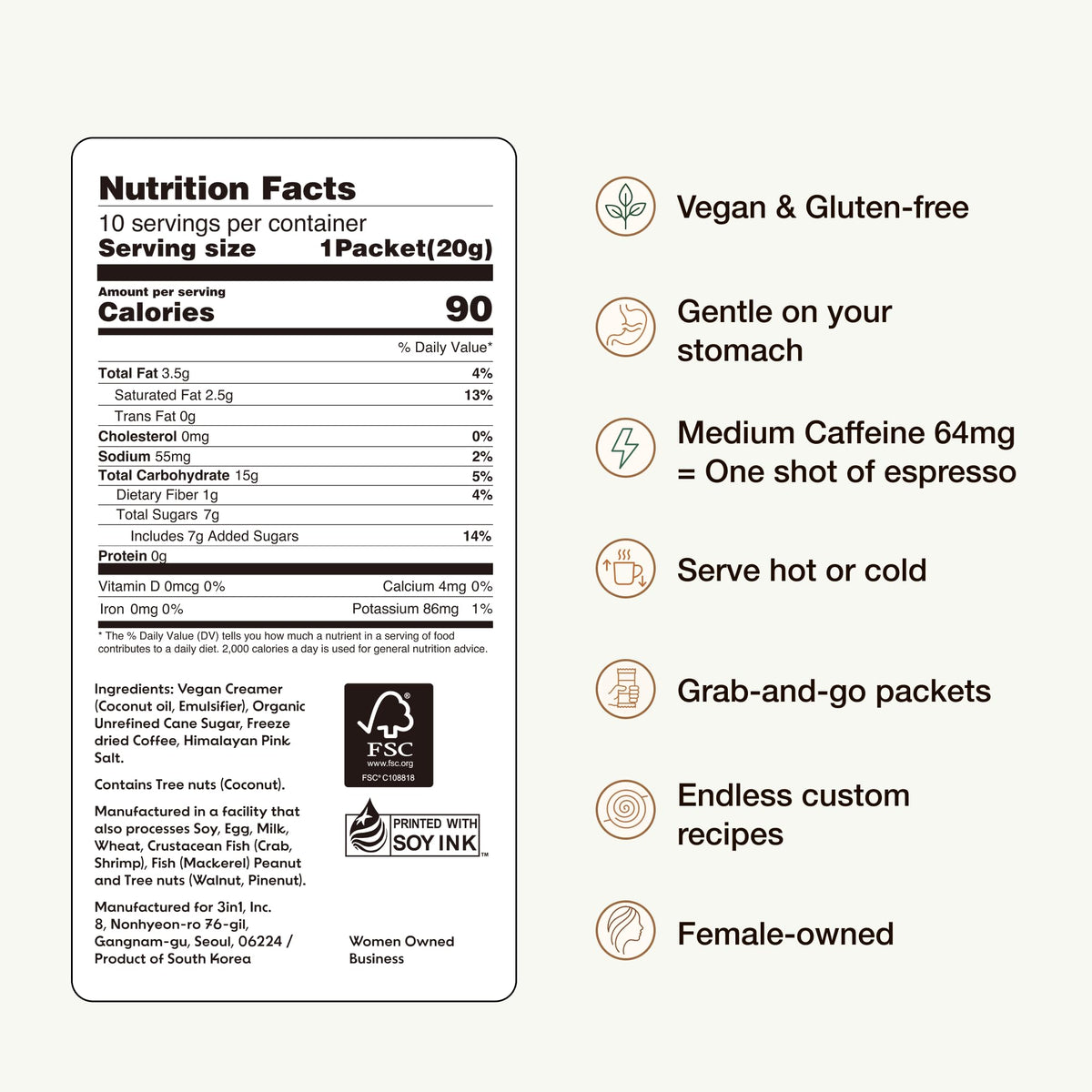 KimlyParc coffee packet contents, including vegan creamer and sugar for all-in-one flavor.