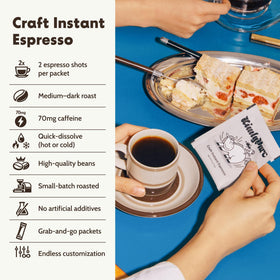 KimlyParc Craft Instant Espresso box packaging with six sachets for on-the-go brewing.