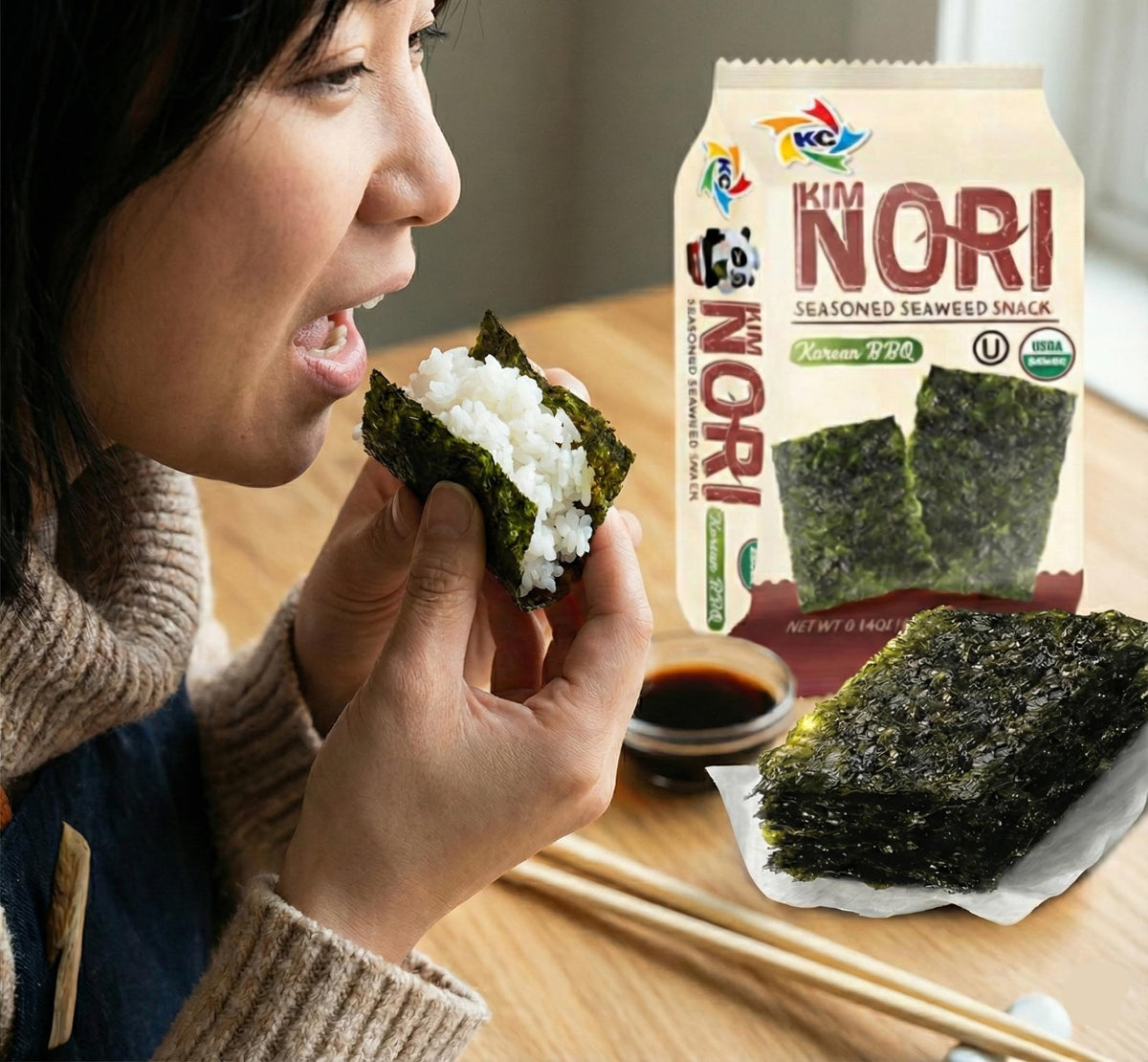 KIMNORI KBBQ seaweed close-up with savory seasoning for flavor.