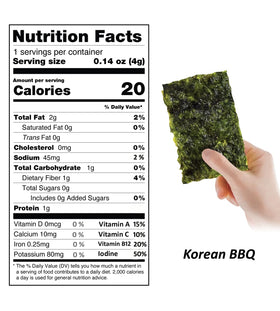 KIMNORI KBBQ seaweed nutrition label view, shows clean, natural ingredients.