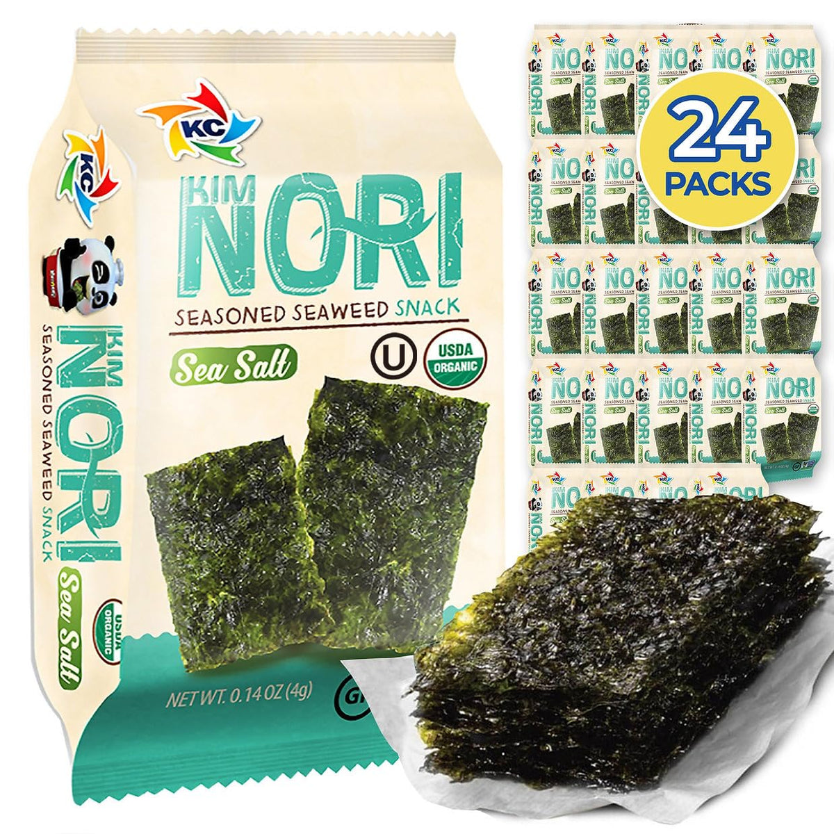 KIMNORI seasoned seaweed sheets in pack front, great lunchbox snack