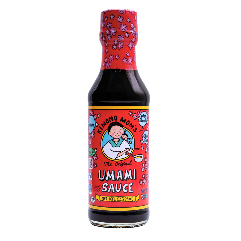 Kimono Mom UMAMI SAUCE bottle on counter ready to boost meals
