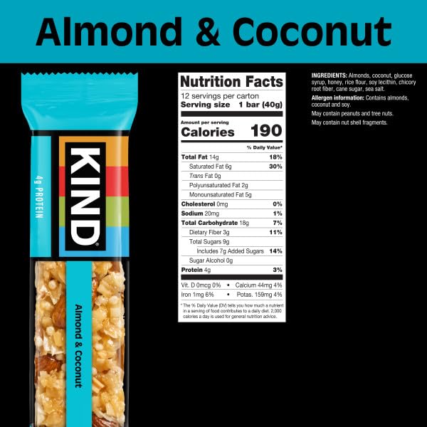 KIND Almond & Coconut bar packaging showing a convenient gluten-free snack.