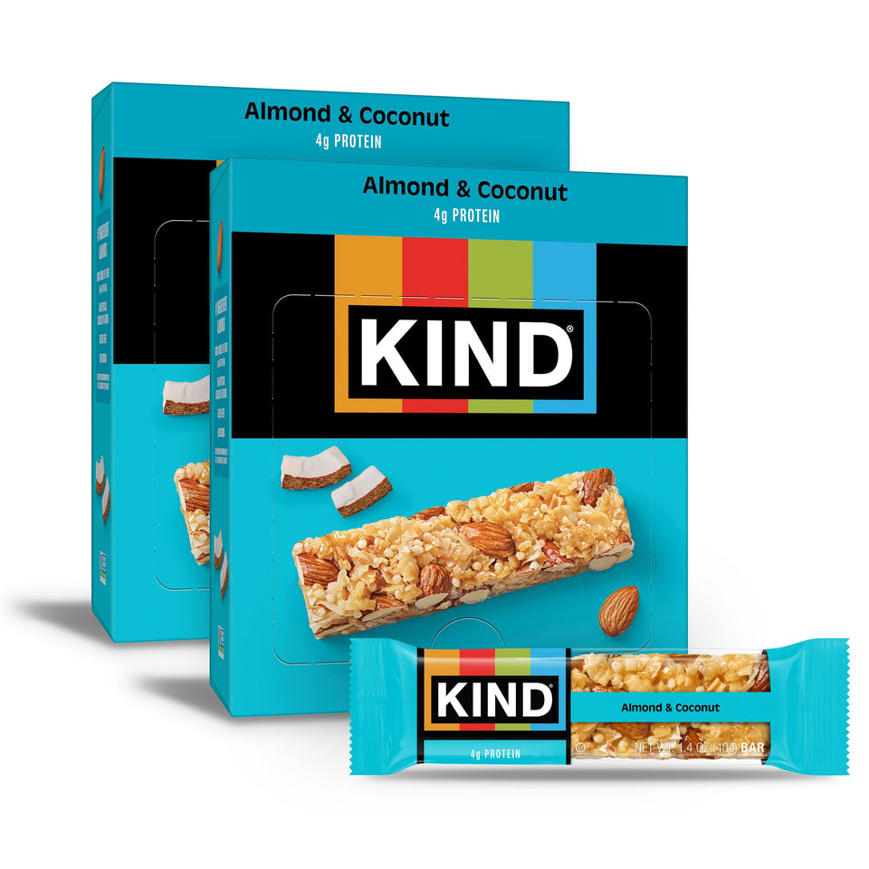 KIND Almond & Coconut bar packaging highlights a convenient grab-and-go snack.