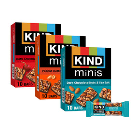 KIND Bar Minis Dark Chocolate Nuts and Sea Salt box showing three flavors