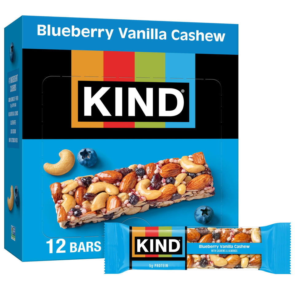 KIND Blueberry Vanilla Cashew bar pack for easy grab-and-go nutrition.