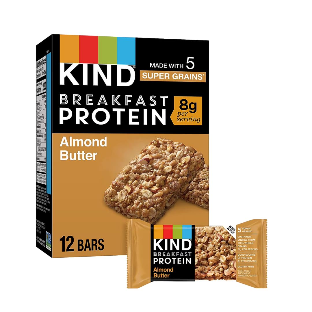 Kind Breakfast Bar blueberry almond display suggests fruity notes with balanced nourishment.
