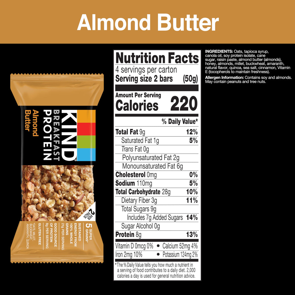 KIND Breakfast Bars Almond Butter Protein pack provides a protein-rich snack option.