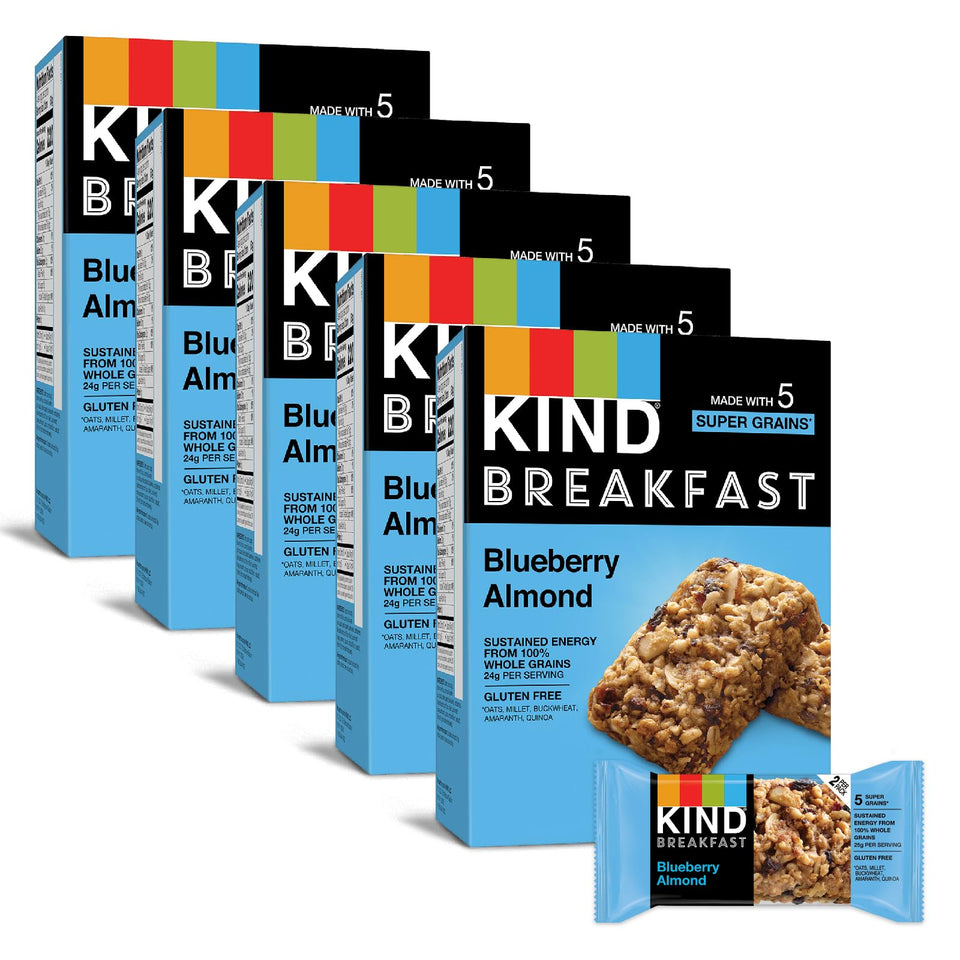 Kind Breakfast Bars blueberry almond box front, highlighting wholesome grains for morning energy