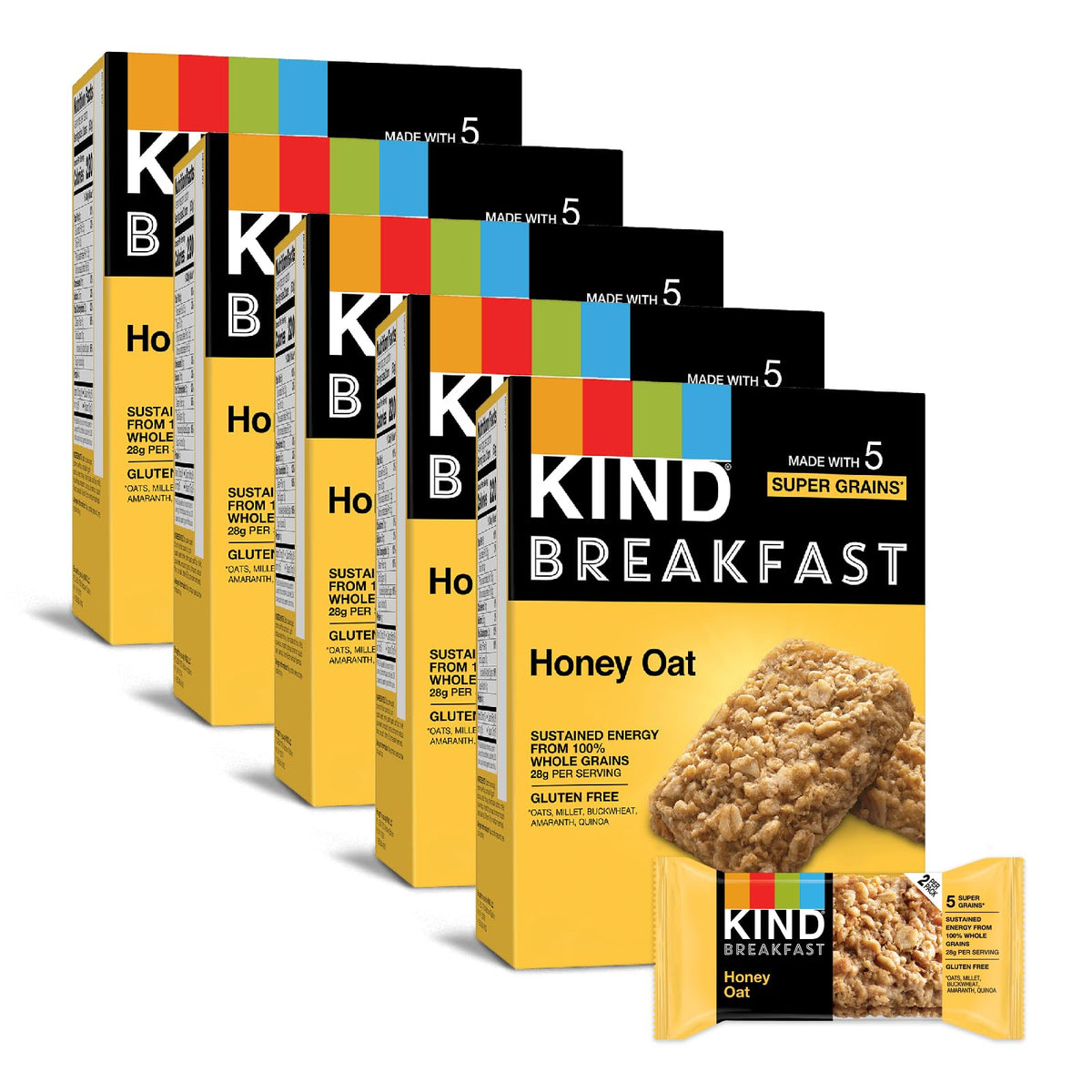 KIND Breakfast Bars Honey Oat box front, convenient gluten-free breakfast option.