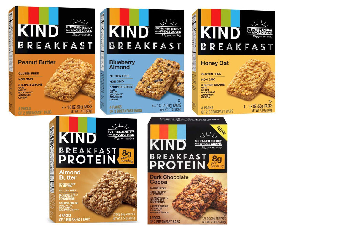 Kind Breakfast Bars ingredient close-up shows oats and nuts for a wholesome texture.