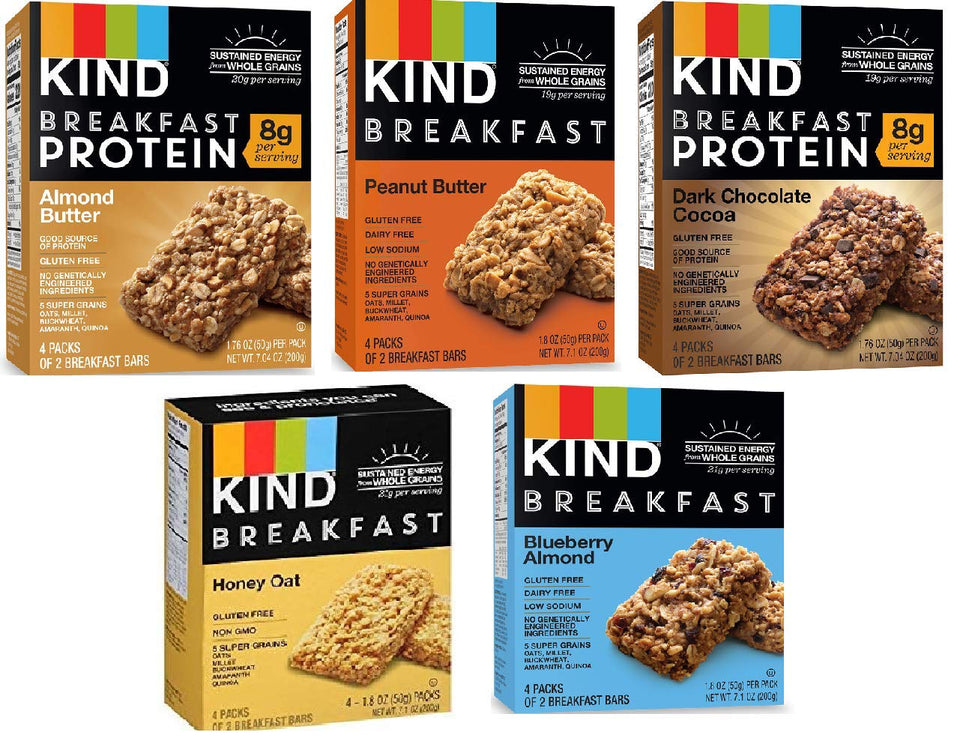 Kind Breakfast Bars variety pack box on kitchen counter for quick mornings.