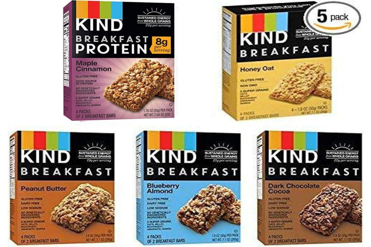 Kind Breakfast Bars packaging close-up indicating lightweight, travel-friendly packaging.