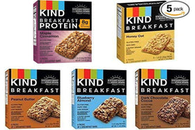 Kind Breakfast Bars packaging close-up indicating lightweight, travel-friendly packaging.