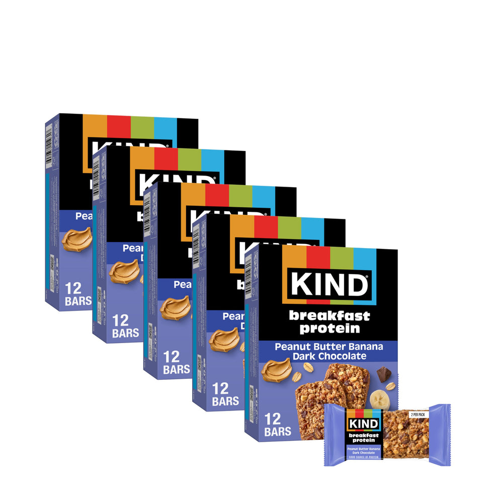 KIND Breakfast Protein Bars box shows gluten-free, non-GMO nutrition for busy mornings.