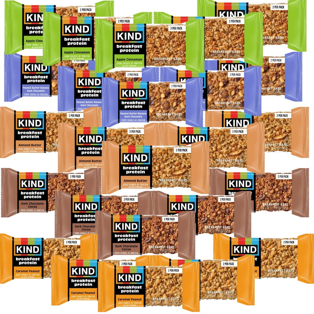 KIND Breakfast Protein Bars Variety Pack with 20 twin-packs for quick, on-the-go breakfasts.