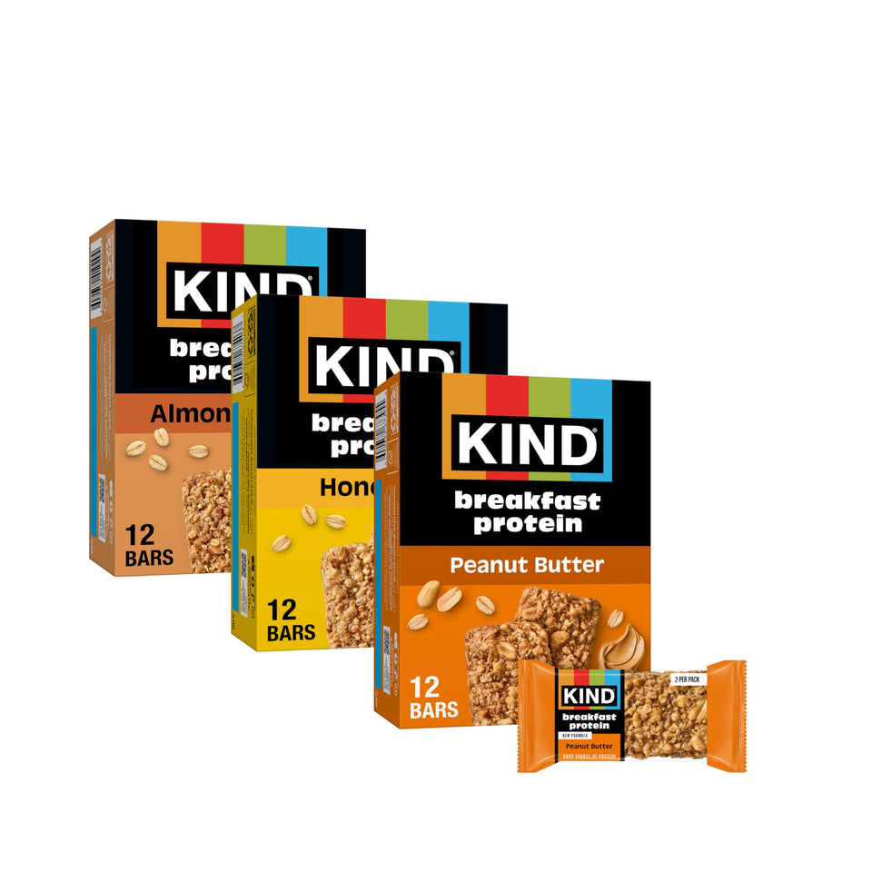 KIND Breakfast Protein Bars Variety Pack unwrapped, ideal on-the-go energy for busy mornings.