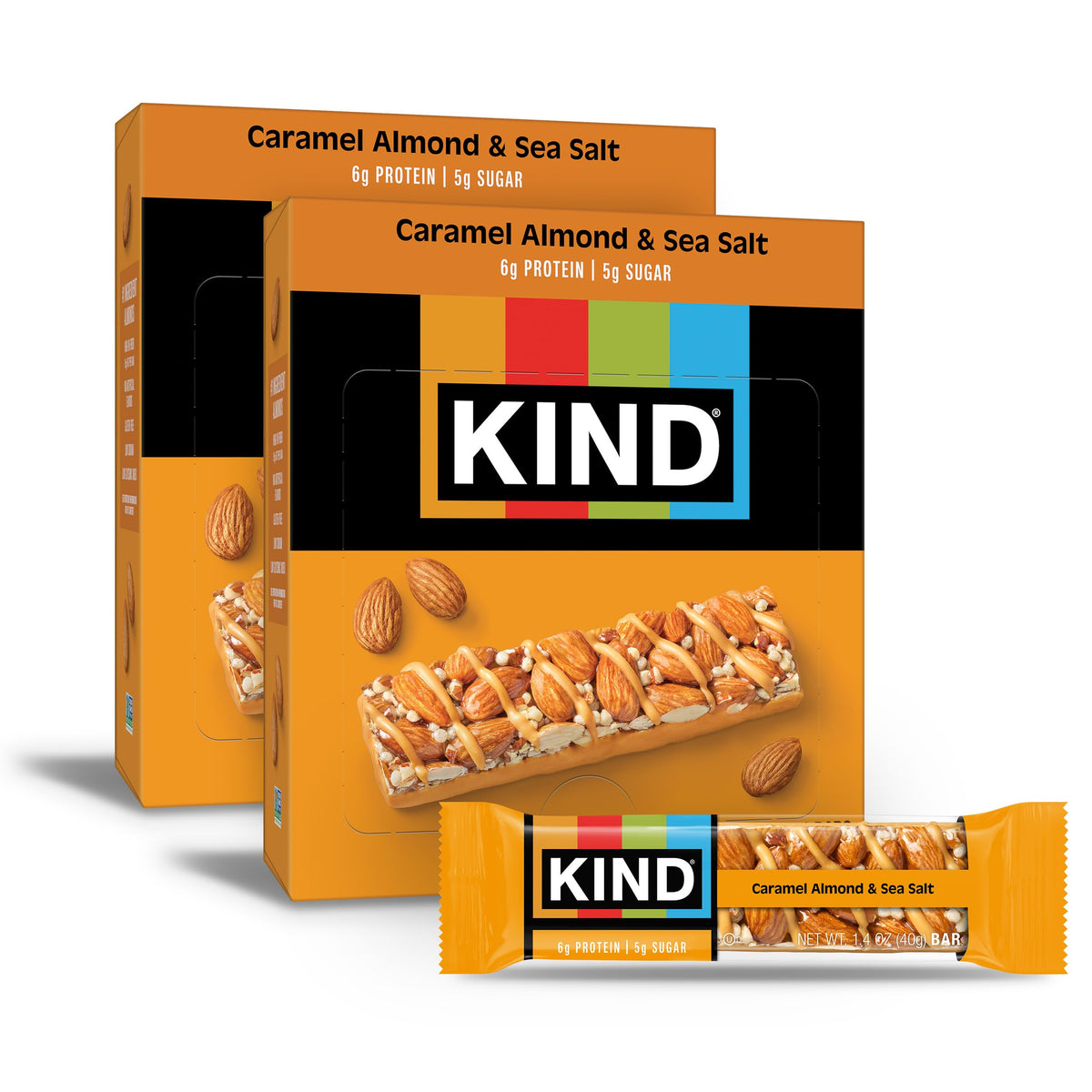 KIND Caramel Almond & Sea Salt bar wrapped, on-the-go protein and fiber.