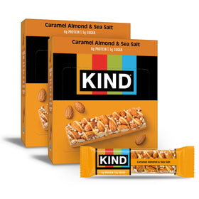 KIND Caramel Almond & Sea Salt bar wrapped, on-the-go protein and fiber.