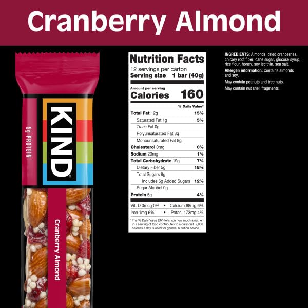 KIND Cranberry Almond Bar pack highlights convenient single-serve snacks for on-the-go.