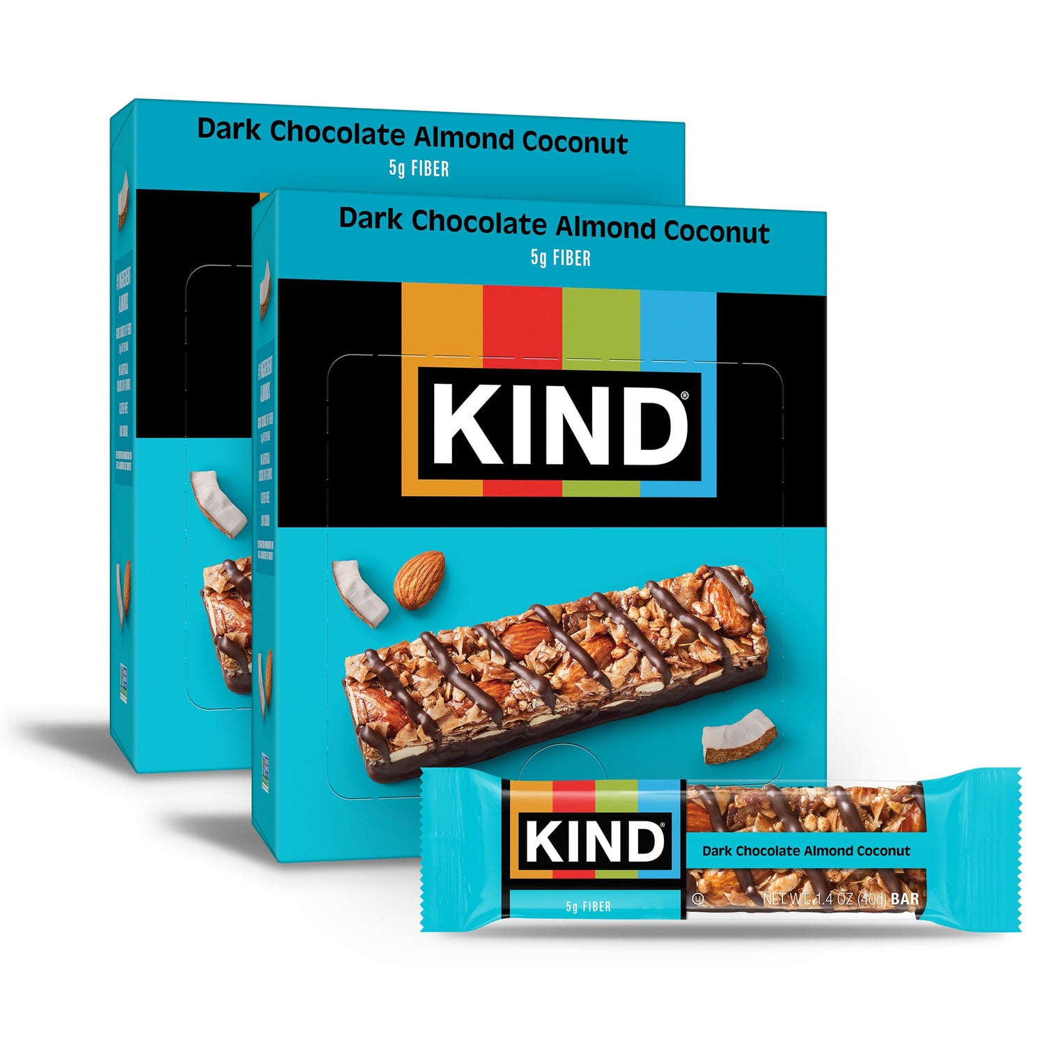KIND Dark Chocolate Almond Coconut bar wrapper; convenient on-the-go energy