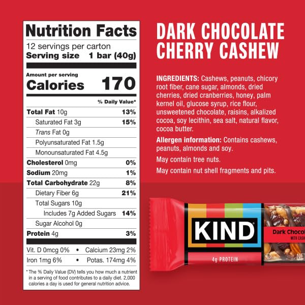 KIND Dark Chocolate Cherry Cashew bar closeup shows nuts and chocolate texture