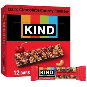 KIND Dark Chocolate Cherry Cashew bar packaging highlights gluten-free snack convenience