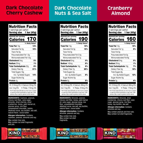 KIND Dark Chocolate Cherry Cashew bar with nuts and fruit