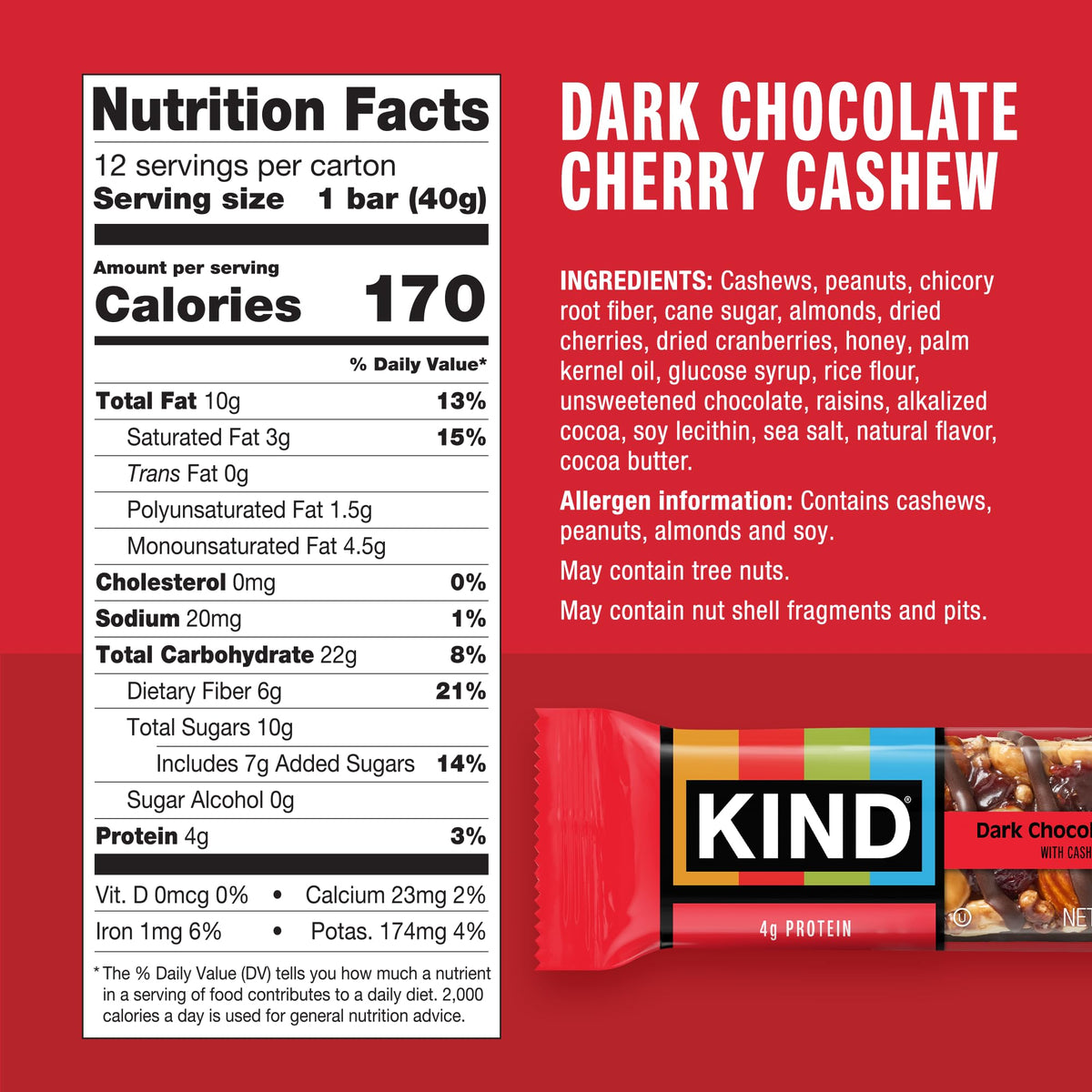 Close-up of KIND bars showing cashews, cherries, and dark chocolate for crunchy nutrition.