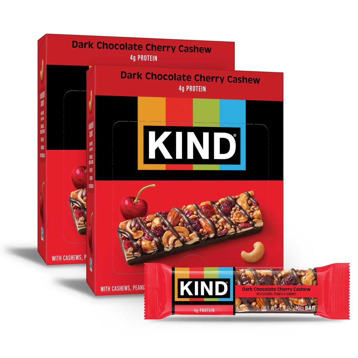KIND Dark Chocolate Cherry Cashew Bars, wrapped, ideal for on-the-go gluten-free snacking.